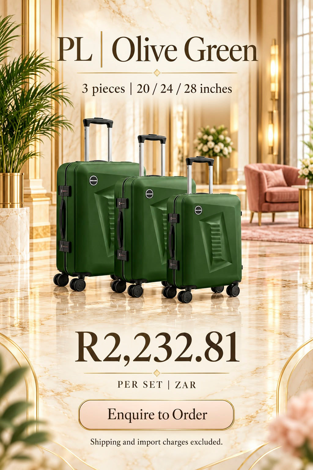 PL Olive Green 3-Piece Luggage Set | 20, 24 & 28 Inches