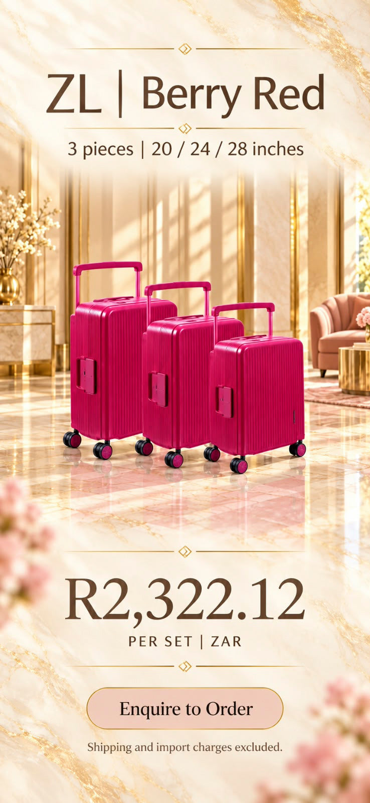 ZL Berry Red 3-piece Luggage Set | 20, 24 & 28 Inches