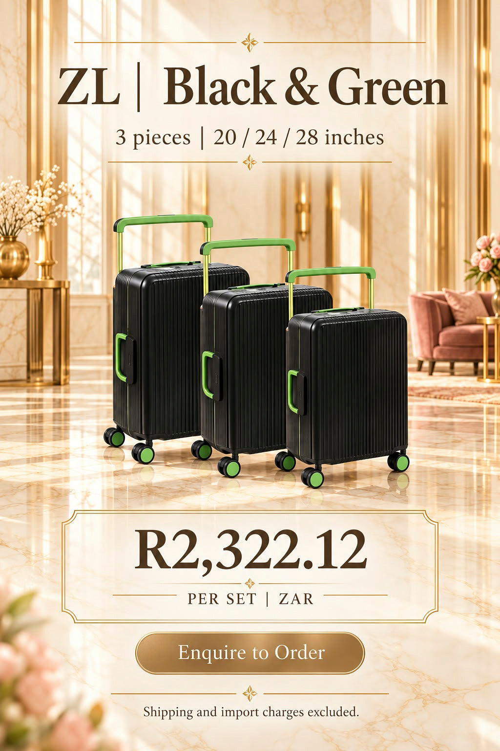 ZL Black & Green 3-piece Luggage Set | 20, 24 & 28 Inches